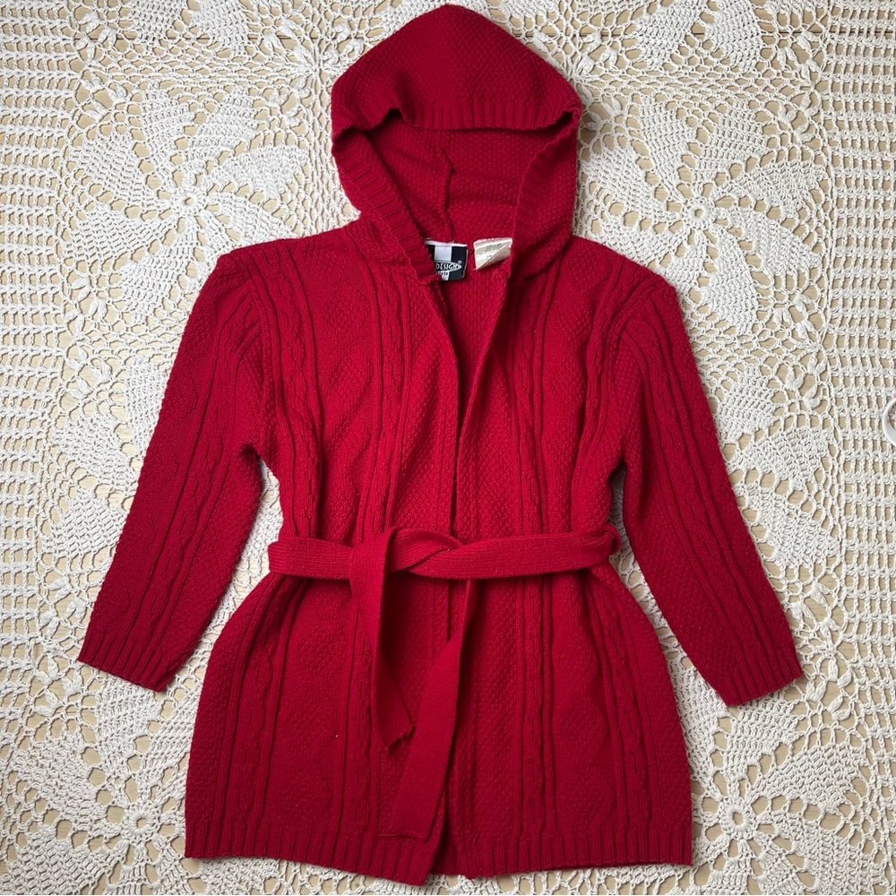Vintage 1990s In Design Girls 4/5 Red Knit Hooded Long Belted Cardigan Sweater
